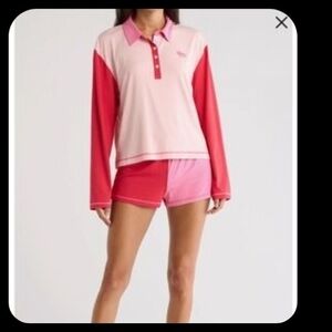 Pink and Red Long Sleeve Polo and Shorts Set